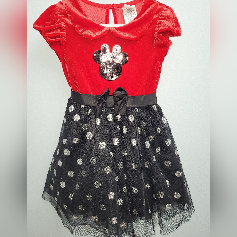 Disney Red Velvet Black Silver Polka Dot Minnie Dress Size 5